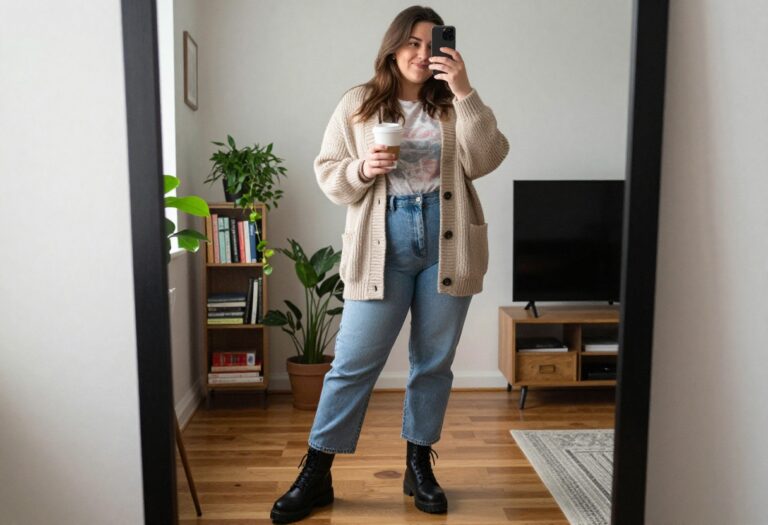 Plus size woman in oversized cardigan, band tee, and jeans with combat boots in a cozy living room.