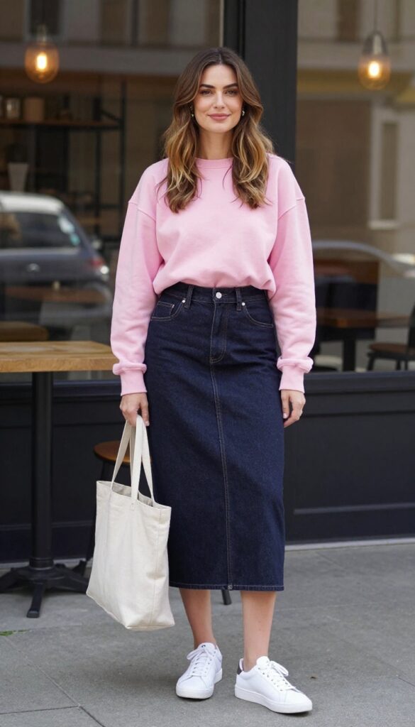 12. Sweatshirt + Denim Skirt + White Sneakers