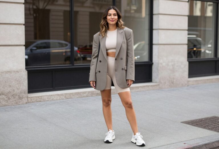 Woman in oversized blazer and bike shorts posing on city street