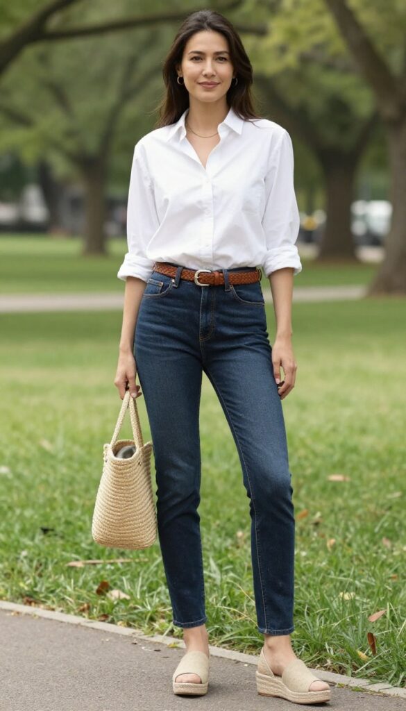 4. White Button-Down Shirt + Dark Wash Jeans + Espadrille Wedges