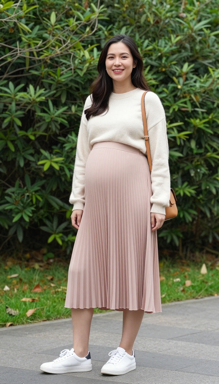 2. Cream Knit Sweater with Pleated Midi Skirt