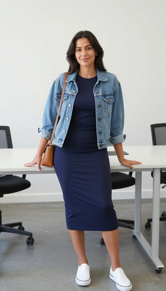 3. Midi Dress with a Denim Jacket and Slip-On Sneakers