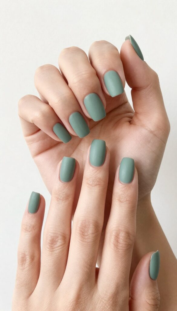 Sage green matte coffin nails with velvety finish