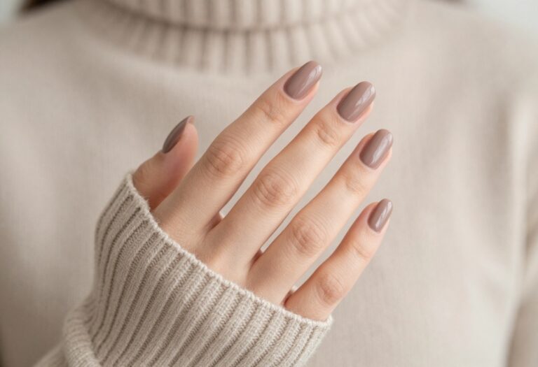 Almond nails in smoky taupe polish on a hand resting on a beige sweater