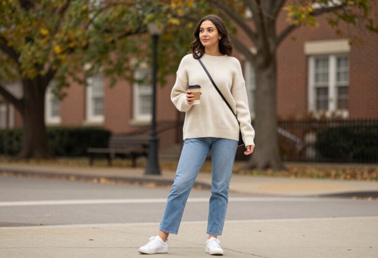 Young woman in oversized sweater and jeans on college campus