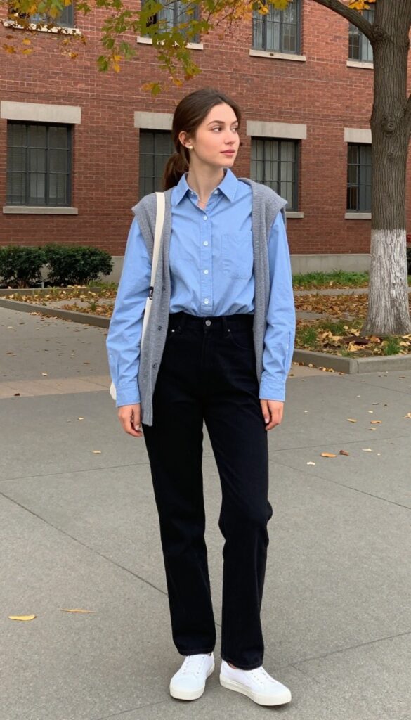 9. Chambray Shirt + Cardigan + Straight-Leg Pants