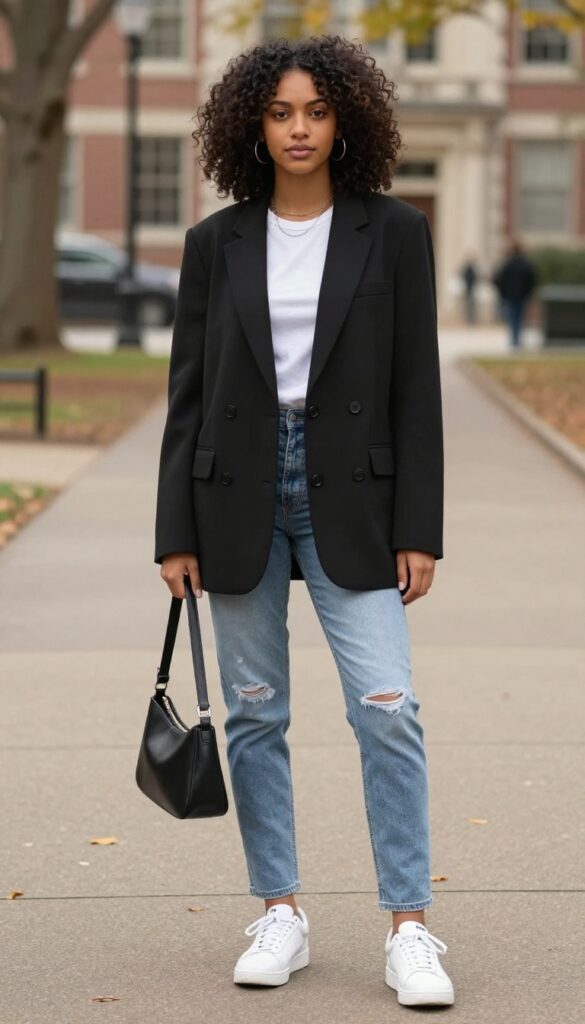 6. Blazer + Band Tee + Distressed Jeans