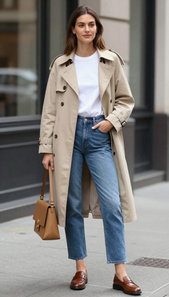 9. Trench Coat with Straight-Leg Jeans