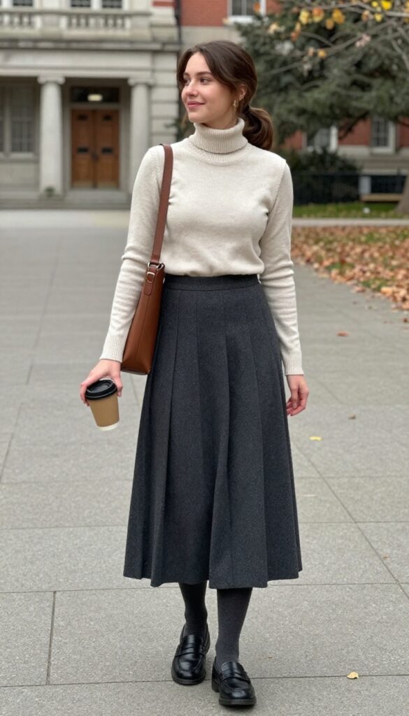6. Turtleneck + Vest + Pleated Skirt
