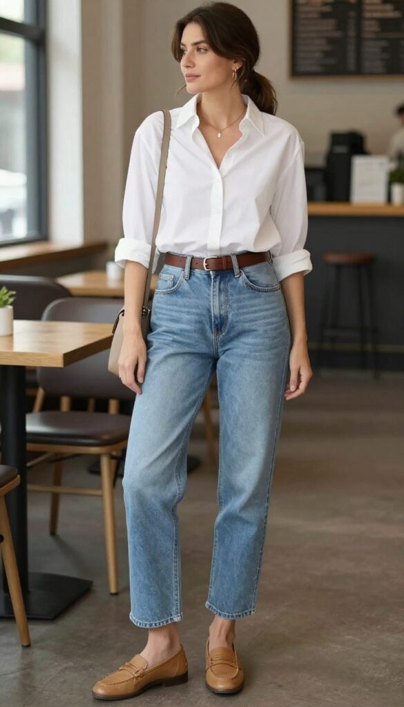6. White Button-Down Shirt with Straight-Leg Jeans