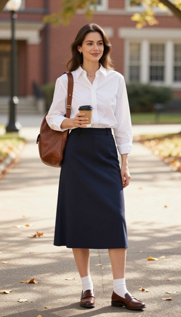 3. Button-Down Shirt with Pleated Skirt and Loafers
