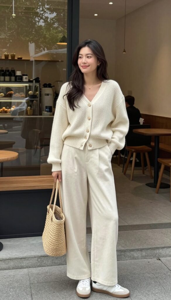1. Cream Knit Set with White Sneakers