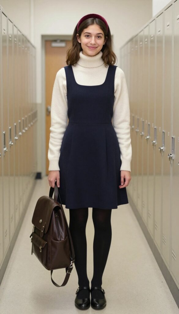 8. Turtleneck + Pinafore Dress + Tights