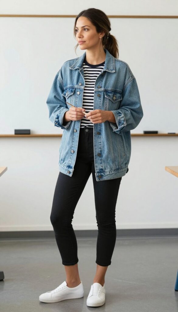 2. Oversized Denim Jacket + Striped Tee + Cropped Trousers