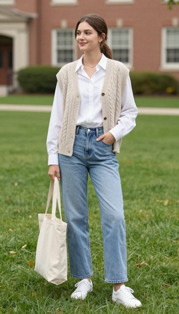 6. Cable-Knit Vest + Button-Down Shirt + Straight-Leg Jeans