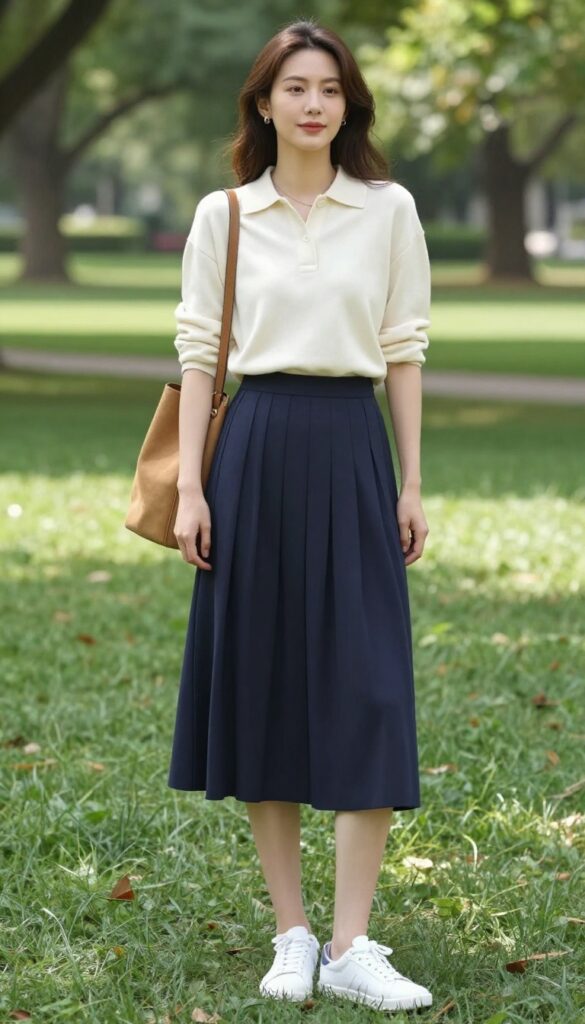 11. Knit Polo with Pleated Midi Skirt and Sneakers