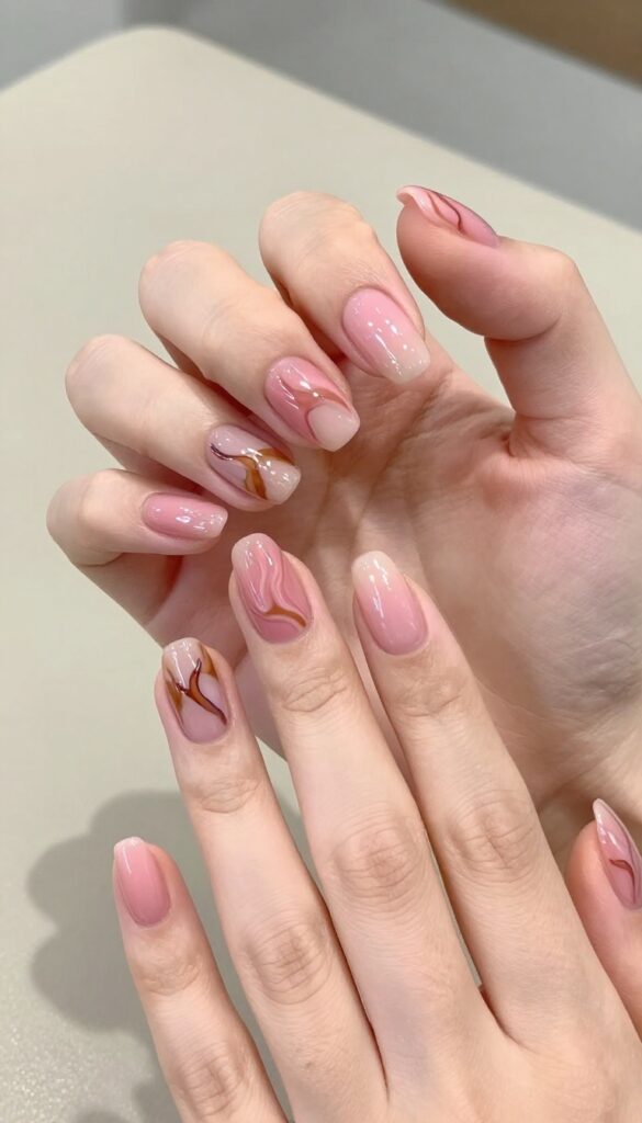 Pink tortoiseshell nails with sheer base and dusty rose and caramel swirls on short almond nails