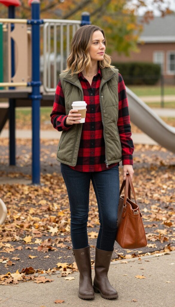 15. Fleece-Lined Vest With a Plaid Shirt