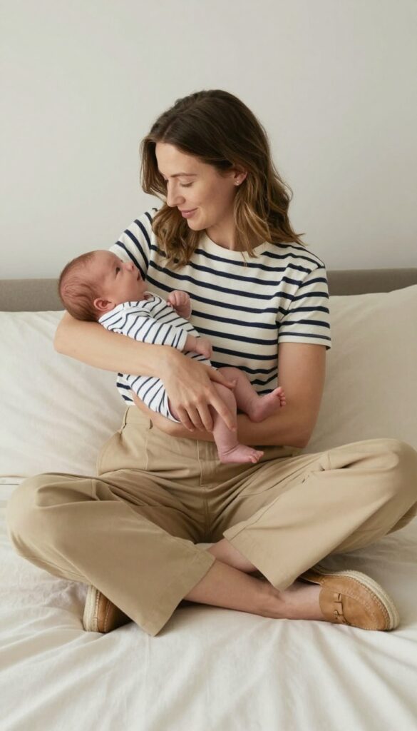 7. Striped Breton Top and Khaki Trousers