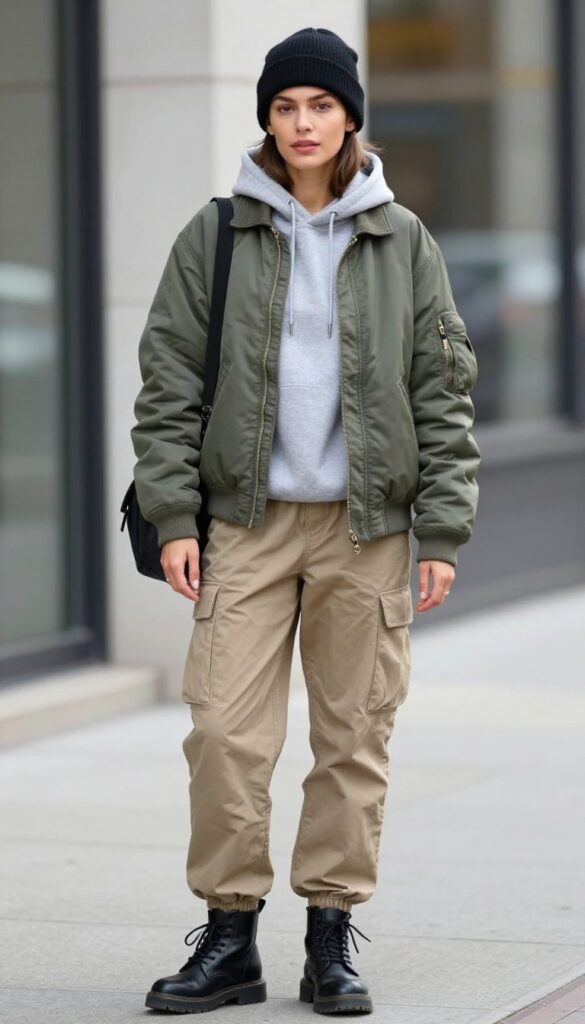 7. Bomber Jacket with a Hoodie and Cargo Pants