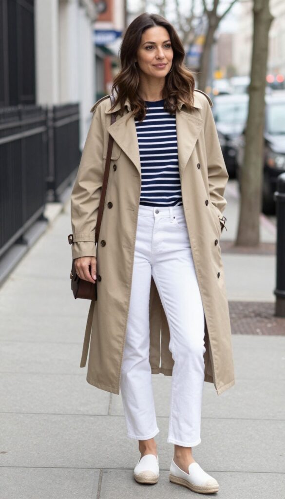 10. Trench Coat with a Breton Stripe Top and White Jeans