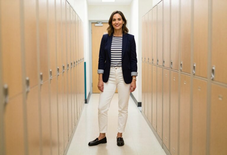 Woman in navy blazer, striped tee, white jeans, and loafers in a high school hallway.