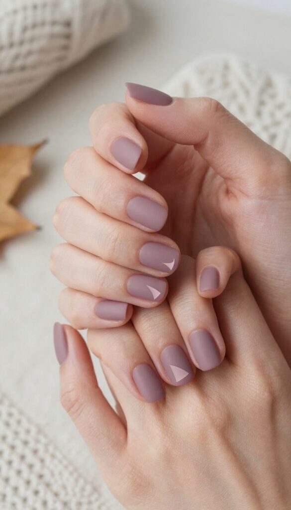 Short nails with muted mauve polish and negative space cutouts, matte finish, fall manicure design