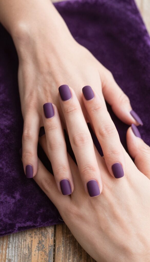 Short square-oval nails in deep plum velvet matte finish on a rustic wooden surface