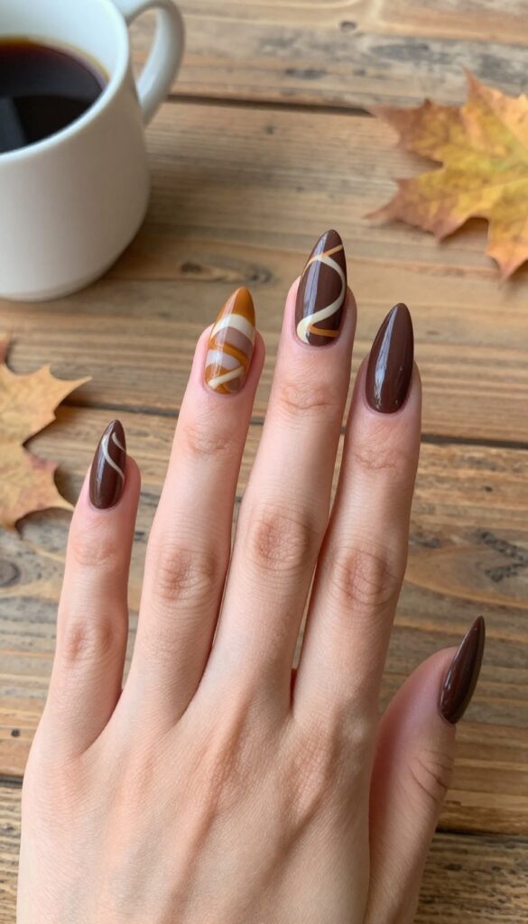 Chocolate swirl stiletto nails with dark brown base and caramel cream swirls, glossy and matte finish