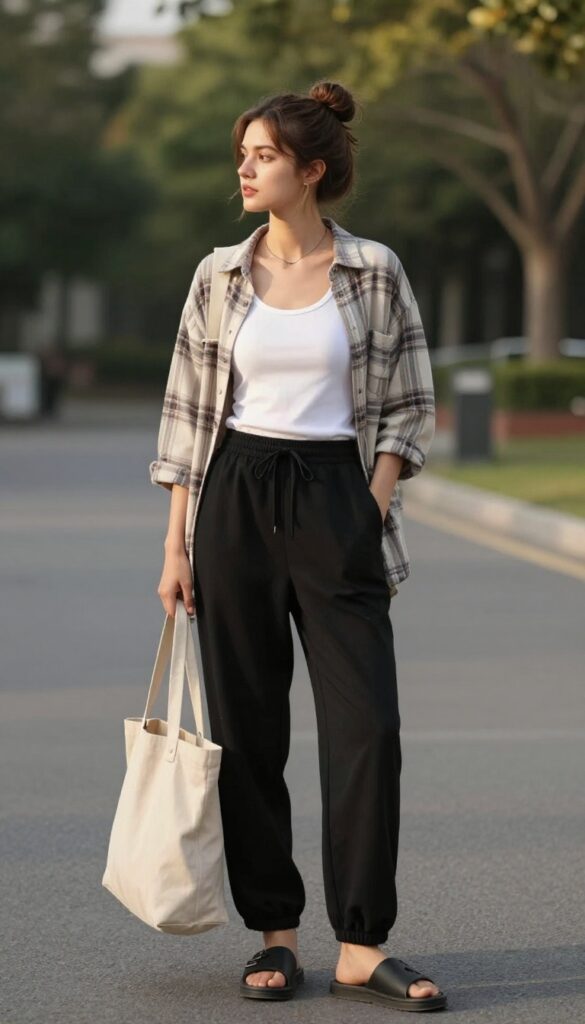 12. Track Pants + Fitted Tank + Open Button-Down + Slides