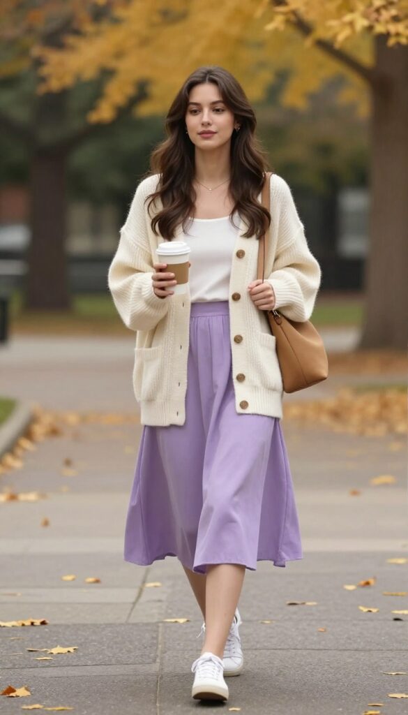 1. Oversized Cream Cardigan with Flowy Midi Skirt
