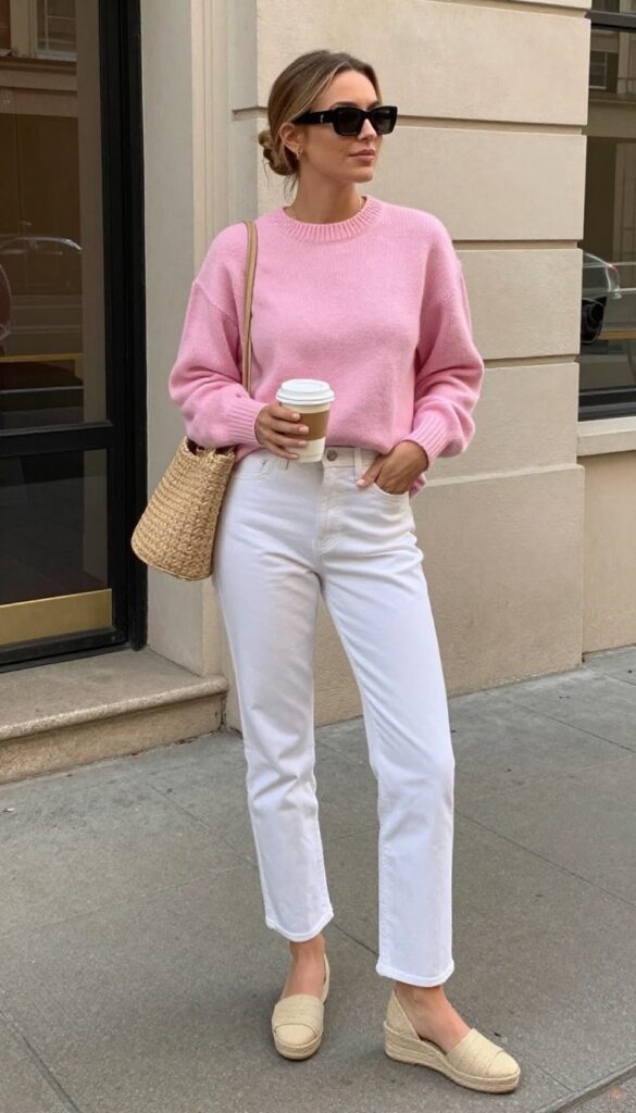 9. White Jeans + Pastel Sweater + Espadrilles