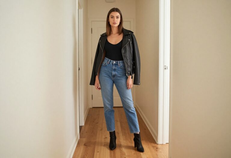 Young woman in black bodysuit and jeans with heeled boots, holding a leather jacket, ready for a night out.