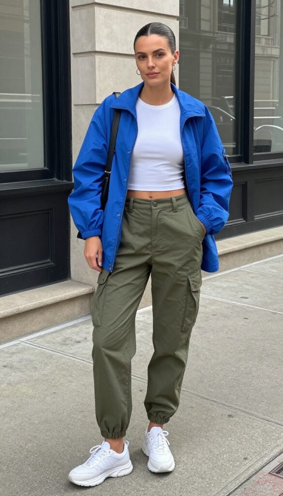 13. Windbreaker with a Crop Top and High-Waisted Cargos