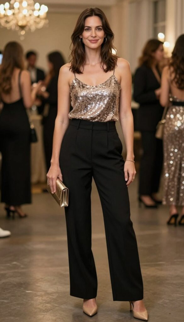 1. Sequin Shell with Wide-Leg Trousers