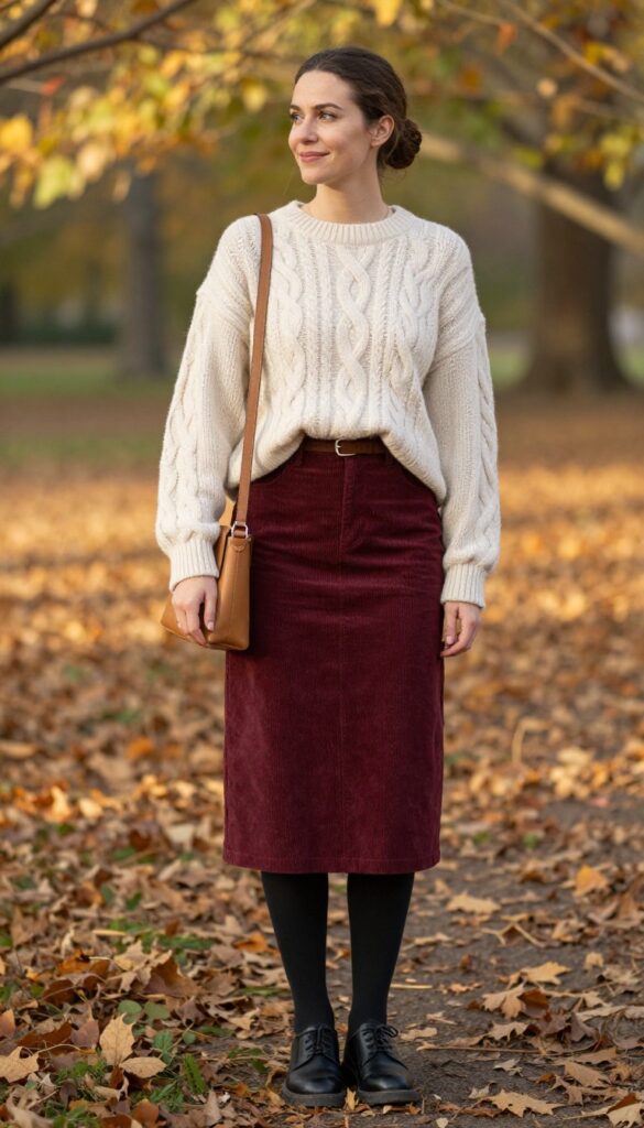 9. Cable Knit Sweater + A-Line Skirt + Tights + Oxfords