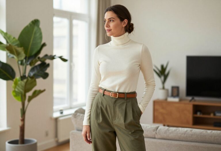 Woman in high-waisted wide-leg trousers and fitted turtleneck, casual outfit for hiding mom pouch