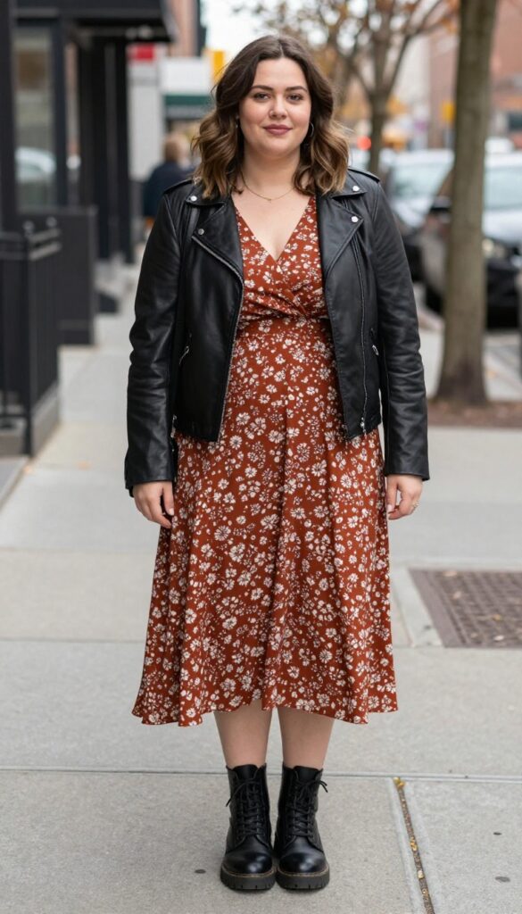 9. Leather Jacket with a Midi Dress