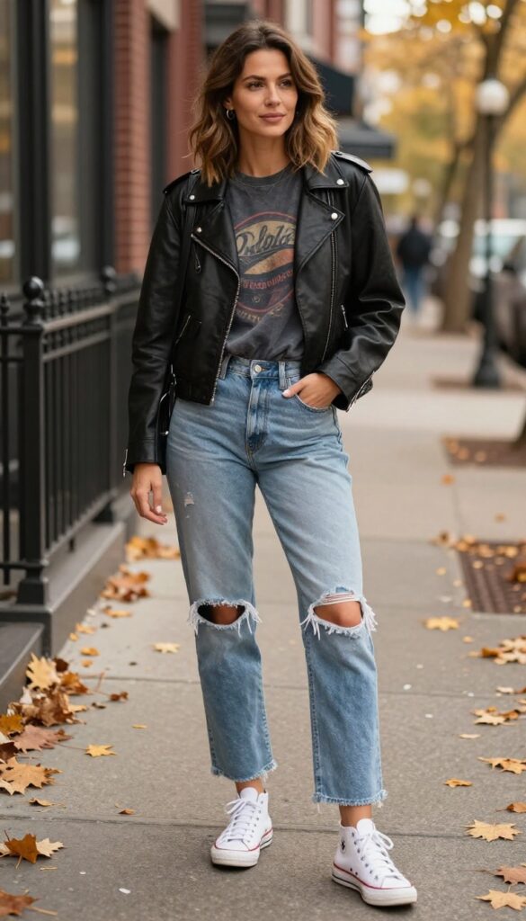 7. Leather Moto Jacket + Graphic Tee + Ripped Jeans + High-Top Sneakers