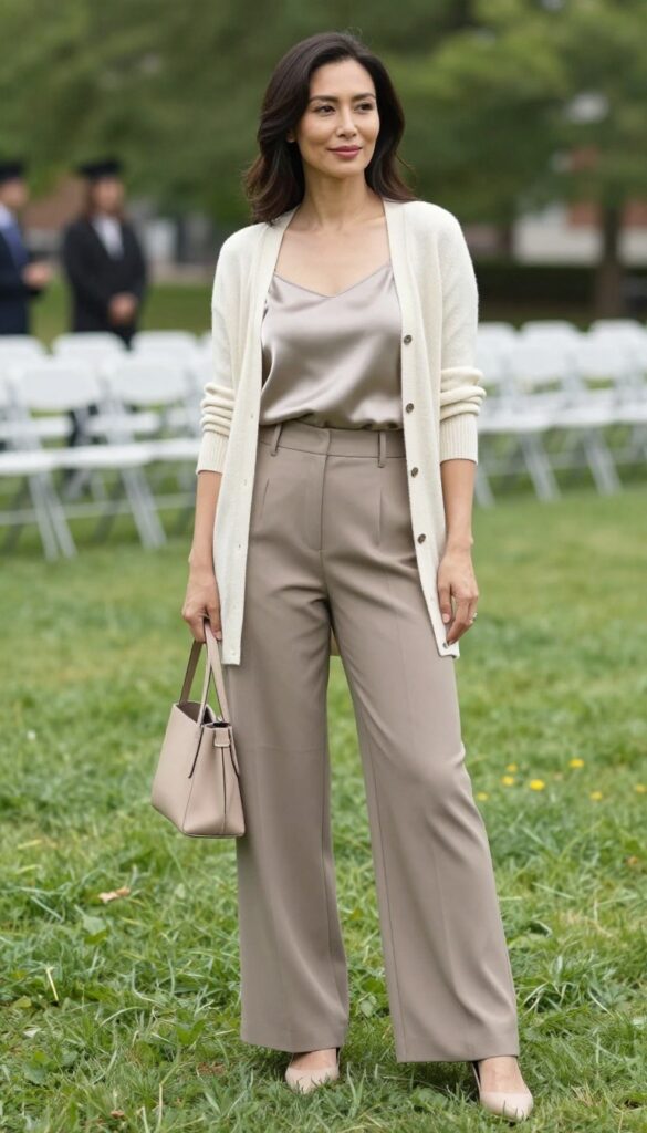 2. Wide-Leg Trousers with a Silk Shell and Lightweight Cardigan