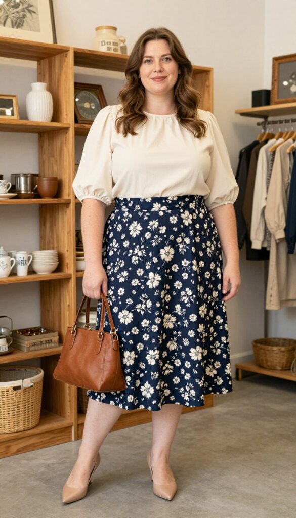 4. A-Line Midi Skirt with a Tucked-In Blouse
