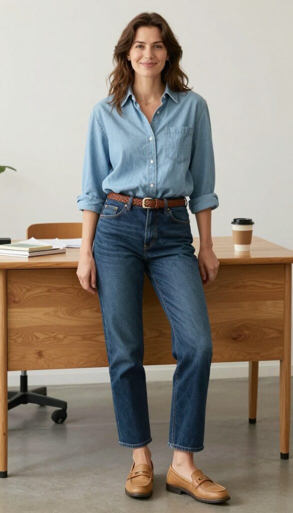 2. Button-Down Shirt with Dark Wash Jeans and Loafers