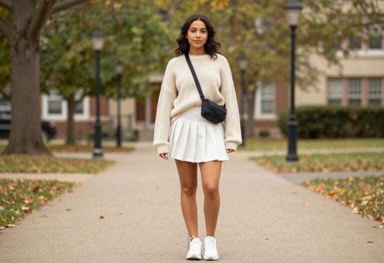 Woman in cream oversized sweater and pleated mini skirt on campus