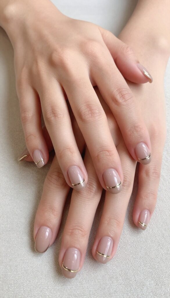 Sheer nude nails with a single metallic stripe on short squoval shape
