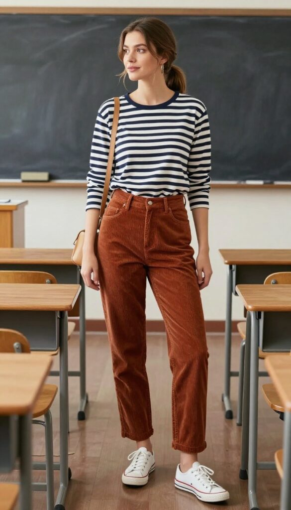 3. Striped Long-Sleeve Tee with Corduroy Pants