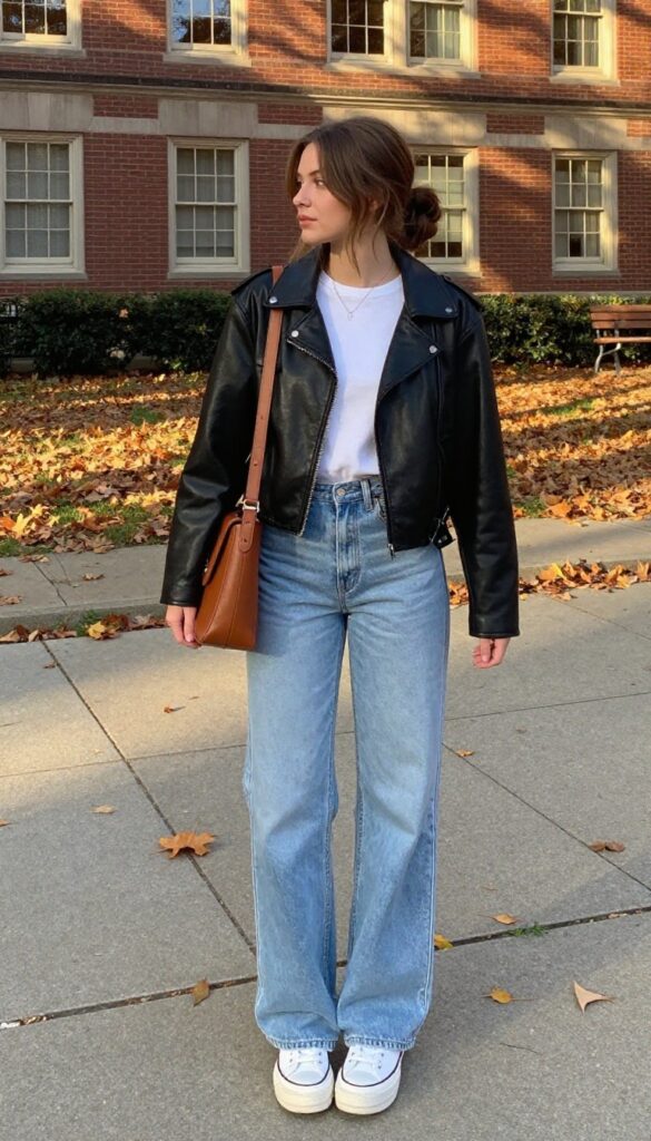8. Leather Jacket & Wide-Leg Jeans