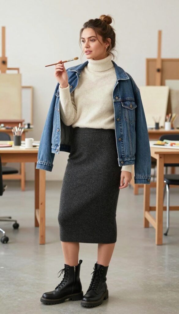 4. Knit Midi Skirt + Soft Turtleneck + Combat Boots