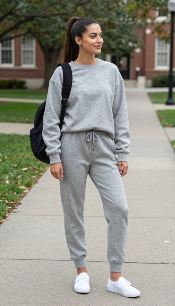14. Matching Sweatshirt and Joggers Set with Slip-Ons