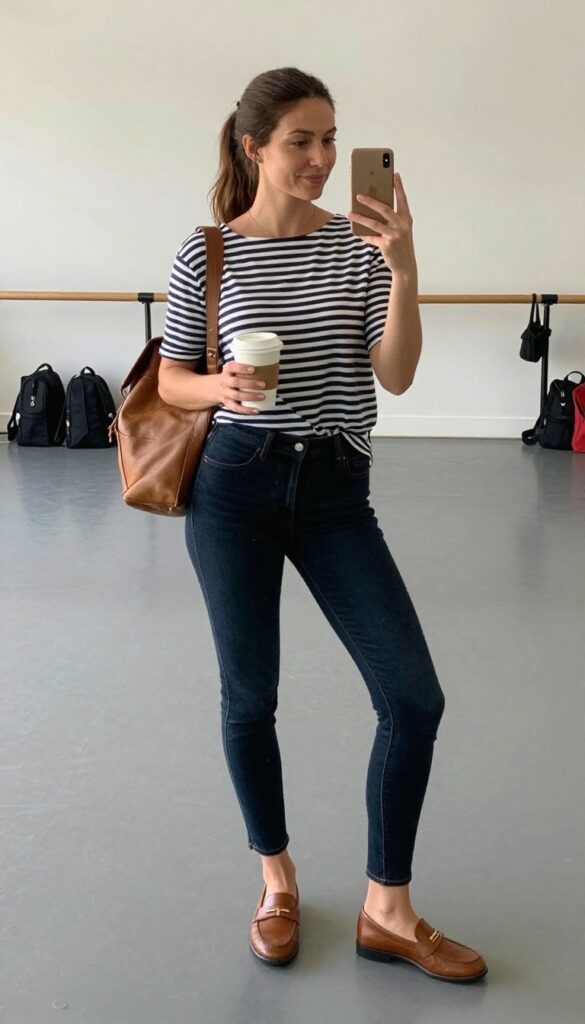4. The Errands-to-Practice Look: Dark Wash Skinny Jeans + Striped Boatneck Top + Loafers