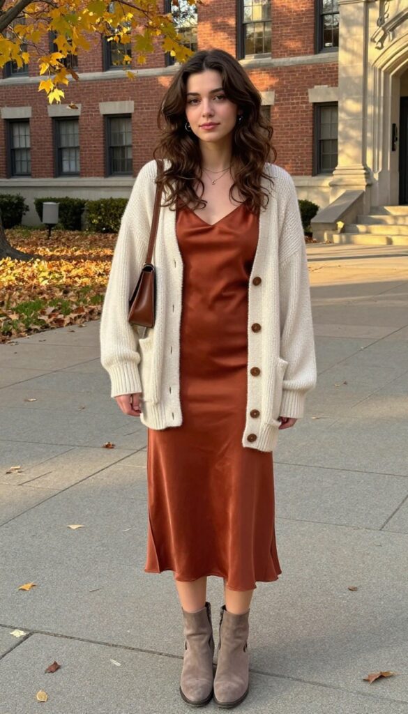 12. Long Cardigan with a Slip Dress and Ankle Boots